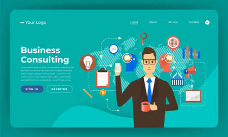 Mock-up design website flat design concept digital marketing. Business consulting solution. Vector illustration.のイラスト素材