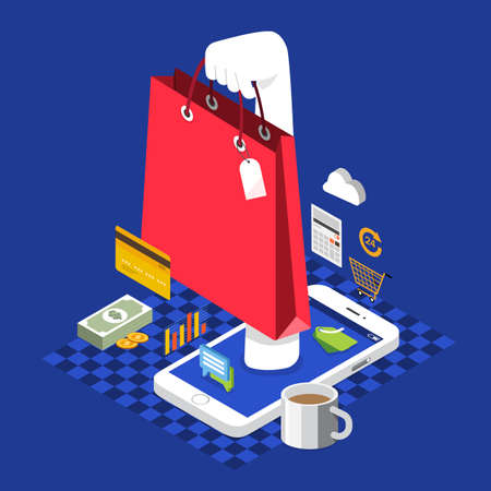 Online shopping concept Flat Isometric Vector Illustration of Hand With Bag of shopping From Smartphone or Tablet.のイラスト素材