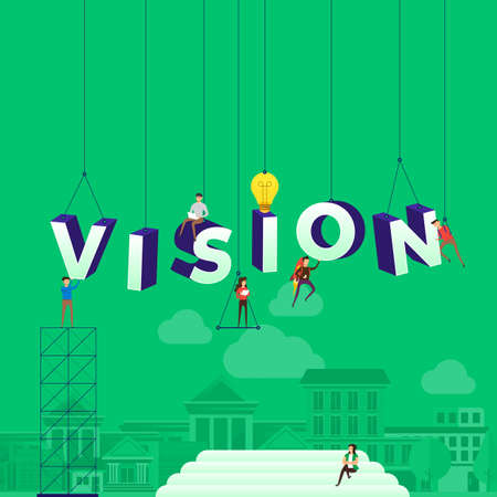 Flat design concept people working for building text VISION. Vector illustration.のイラスト素材