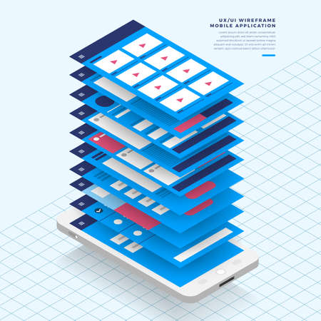 UX UI Flowchart. Mock-ups  mobile application concept isometric flat design. Vector illustration.のイラスト素材