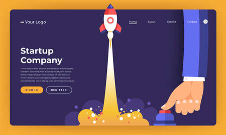 Mock-up design website flat design concept stratup rocket rise with hand push button.  Vector illustration.のイラスト素材