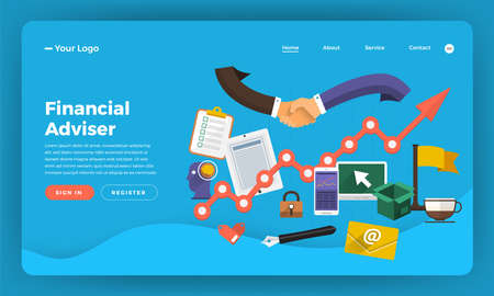 Mock-up design website flat design concept digital marketing. Financial Adviser.  Vector illustration.のイラスト素材