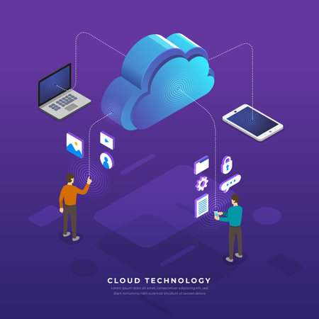 Flat design concept cloud computing technology users network configuration isometric. Vector illustration.のイラスト素材