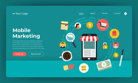 Mock-up design website flat design concept digital marketing. Mobile marketing.  Vector illustration.のイラスト素材