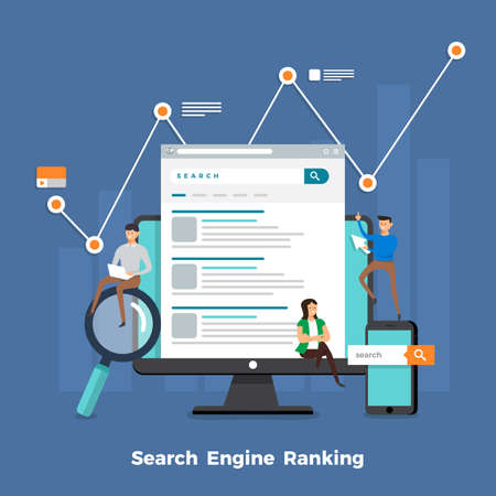 Flat design concept search engine optimization and result ranking page. Vector illustrations.のイラスト素材