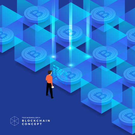 Flat design concept blockchain and cryptocurrency technology. Composition for layout design website banner. Isometric vector illustration.のイラスト素材