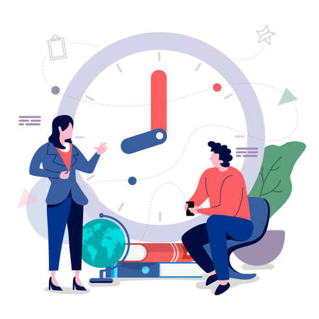 Men and women office workers With time management to optimize the business. Vector illustrations. Flat design concept.のイラスト素材