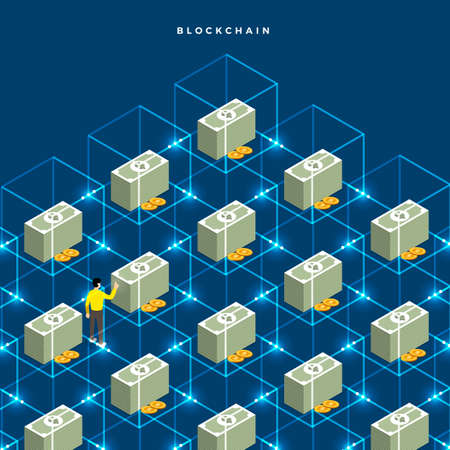 Flat design concept blockchain. security digital money. Vector illustrations. Isometric box and line.のイラスト素材