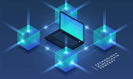 Flat design concept blockchain and cryptocurrency technology. Composition for layout design website banner. Isometric vector illustration.のイラスト素材