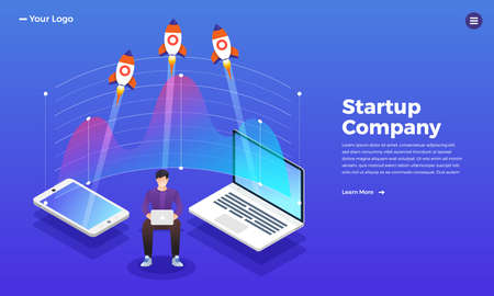 Mock-up design website flat design concept stratup rocket rise from computer.  Vector illustration.のイラスト素材