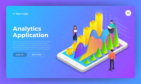 Mockup landing page website isometric design concept mobile application analytics tools. Vector illustrations.のイラスト素材