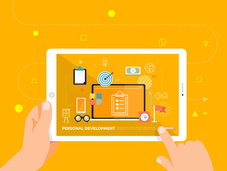 Illustrations design concpt e-learning with hand click on tablet online course office productivity. Vector illustrate.のイラスト素材
