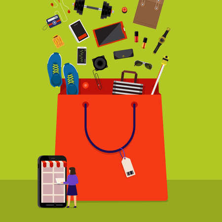Flat design concept onine shopping and product down to bag. Vector illustrations.のイラスト素材