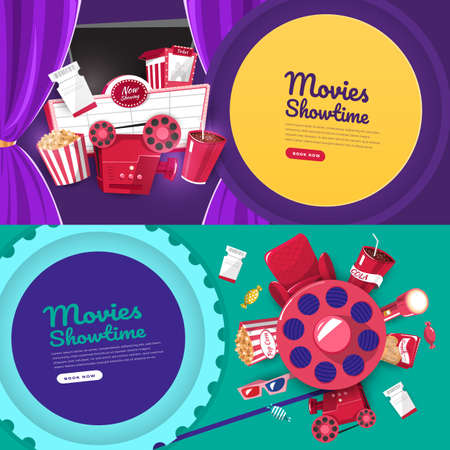 Flat design concept movie cinema show time and theater. Banner website template poster brochure layout design. Vector illustrations.のイラスト素材