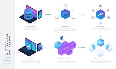 Flat design concept blockchain and cryptocurrency technology. Ibfographic how it work. Isometric vector illustration.のイラスト素材