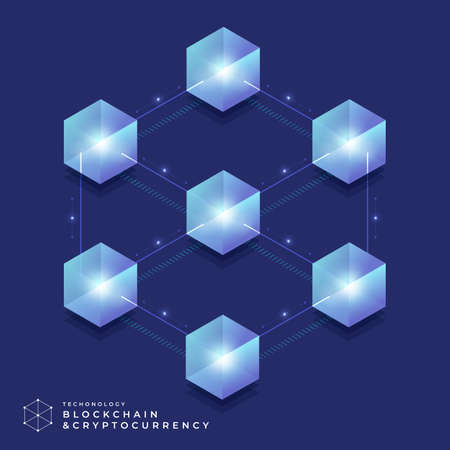 Flat design concept blockchain and cryptocurrency technology. Composition for layout design website banner. Isometric vector illustration.のイラスト素材