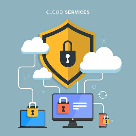 Flat design concept cloud computing. Technology of database information services. Vector illustrations.のイラスト素材