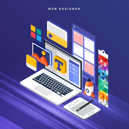 Isometric flat design concept web designer. Vector illustration. Website layout design.のイラスト素材