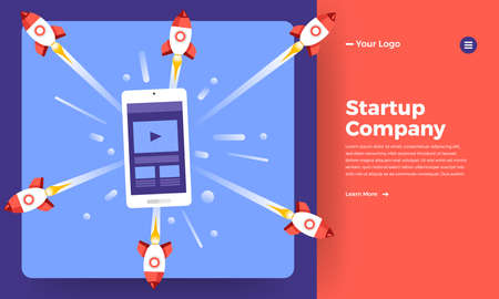 Mock-up design website flat design concept stratup company mean rocket rise from computer.  Vector illustration.のイラスト素材