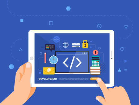 Illustrations design concpt e-learning with hand click on tablet online course code development. Vector illustrate.のイラスト素材