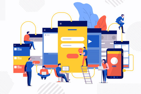 Illustrations design concpt teamwork building wireframe UX / UI mobile  website application via...