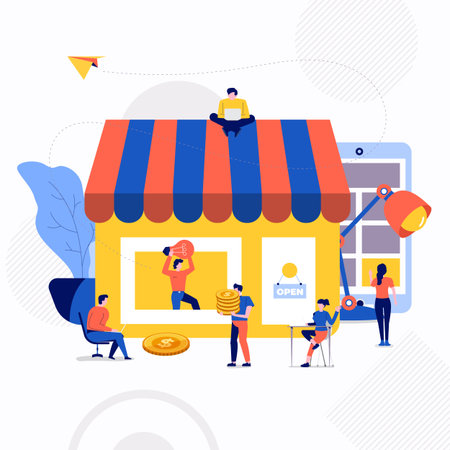 Illustrations flat design concept small people working together create big icon about shopping online store. Vector illustrate.のイラスト素材