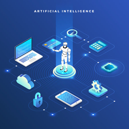 Illustrations concept  artificial intelligence AI. Technology working with smart brain computer and machine connecting device. Isometric vector illustrate.のイラスト素材