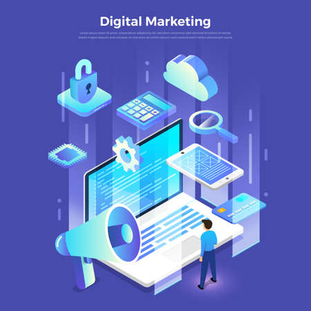 Illustrations flat design concept digital marketing. Communication business via device and icon internet tool. Isometric vector illustrate.のイラスト素材