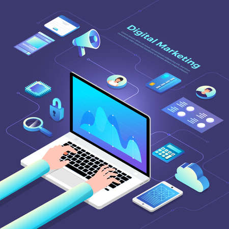 Illustrations flat design concept digital marketing. Communication business via device and icon internet tool. Isometric vector illustrate.のイラスト素材