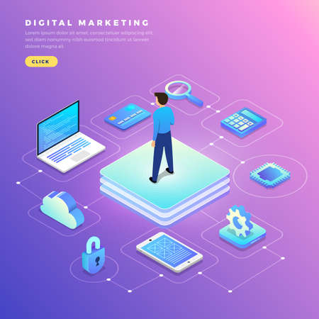 Illustrations flat design concept digital marketing. Communication business via device and icon internet tool. Isometric vector illustrate.のイラスト素材