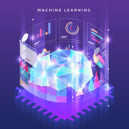 Illustrations concept machine learning via artificial intelligence with technology analysis data and knowledge . Vector isometric  illustrate.のイラスト素材