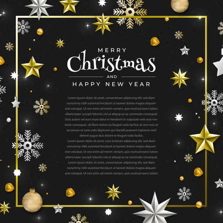Christmas Background with Border made of Cutout Gold Foil Stars and Silver Snowflakes. Chic Xmas Greeting Card and Happy New Year design. Vector illustrate.のイラスト素材