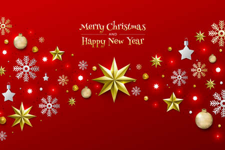 Christmas Background with Border made of Cutout Gold Foil Stars and Silver Snowflakes. Chic Xmas Greeting Card and Happy New Year design. Vector illustrate.のイラスト素材