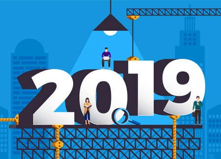 teamwork businessman  working together building typographic number 2019 for happy new year design template. Greeting card illustrations. Vector illustrate.のイラスト素材
