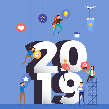 teamwork businessman  working together building typographic number 2019 for happy new year design...