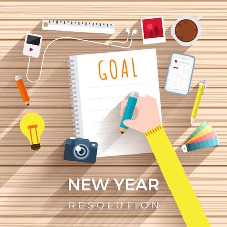 Illustrations flat design concept new year resolutions via set goal with write on paper for mission success. Vector illustrate.のイラスト素材