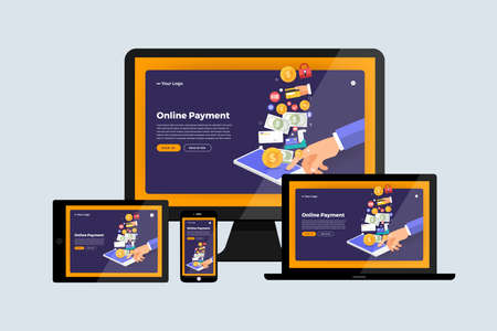 Flat design concept responsive web design development mockup layout devices on multiscreen. Vector illustrations.のイラスト素材