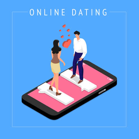 Isometric Modern illustrations concpt dating online application via hand hold mobile chat and social activity relationship between man and woman. Vector illustrate.のイラスト素材