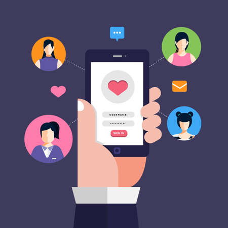 Modern illustrations concpt dating online application via hand hold mobile chat and social activity relationship between man and woman. Vector illustrate.のイラスト素材