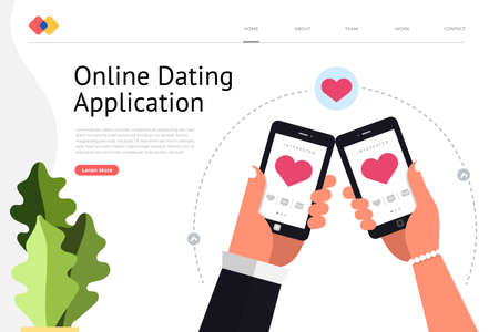 Mockup landing page website concpt dating online application via hand hold mobile chat and social activity relationship between man and woman. Vector illustrate.のイラスト素材