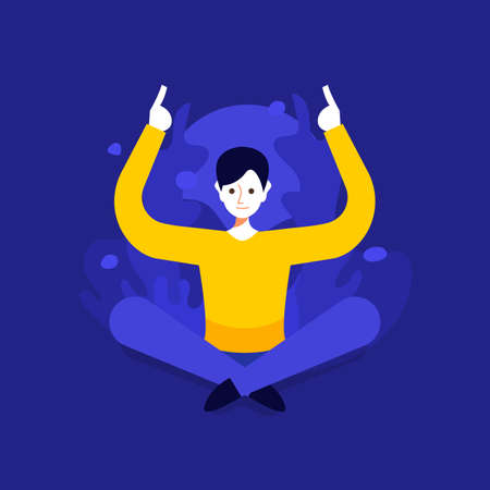 The man doing yoga and get calm. Relax, meditation concept. Worker multitasking. Vector cartoon illustration. Flat designのイラスト素材