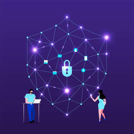 Illustrations design concept technology solution cyber security and device. Gradient background with thin line Shield. Vector illustrate.のイラスト素材