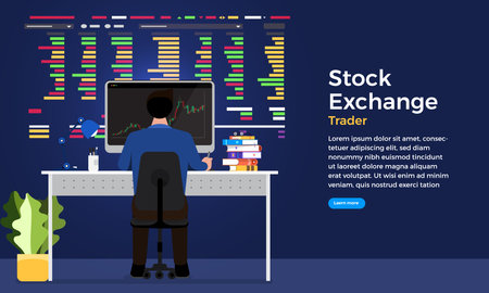 trader working analysis stock exchange graph and chart for decision buy or sell stock. Business concept. Vector illustrations.のイラスト素材