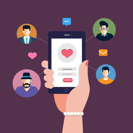 Modern illustrations concpt dating online application via hand hold mobile chat and social activity relationship between man and woman. Vector illustrate.のイラスト素材