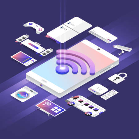 Isometric illustrations design concept wireless network technology working on mobile device. Vector illustrate.のイラスト素材