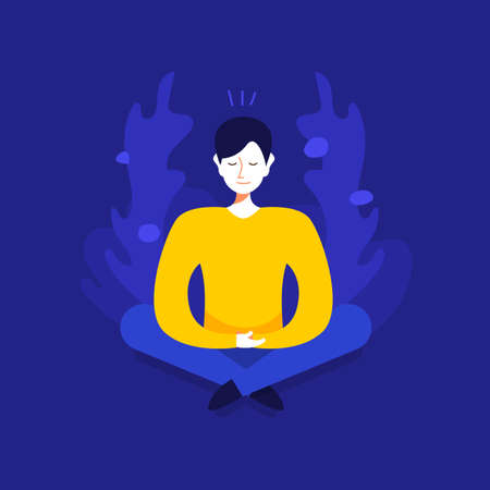 The man doing yoga and get calm. Relax, meditation concept. Worker multitasking. Vector cartoon illustration. Flat designのイラスト素材