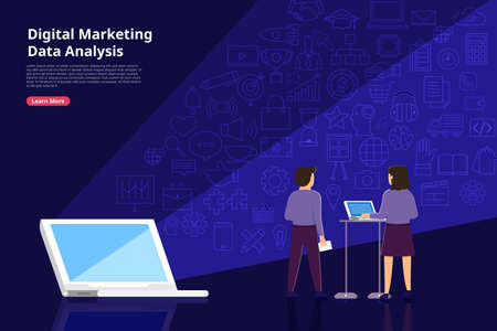 Flat design concept digital marketing analysis data information of customer with businessman and woman standing via computer. Vector illustrate.のイラスト素材