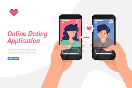 Mockup landing page website concpt dating online application via hand hold mobile chat and social activity relationship between man and woman. Vector illustrate.のイラスト素材