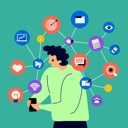 Set of cartoon peoples using internet device like smartphone and laptop with digital lifestyle action. Vector illustrations.のイラスト素材
