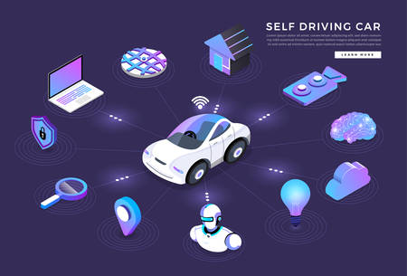 Autonomous self-driving Automobile sensors Smart Car Driverless vehicle technology. Vector illustrate.のイラスト素材